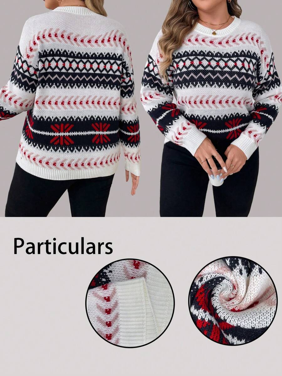 Calvaya 大码女式几何图案长袖休闲宽松套头毛衣，适合秋冬季