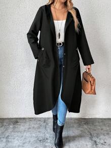 SHEIN LUNE 大码女式休闲单排扣连帽长款夹克，带斜口袋 - 黑色 - 查看 6