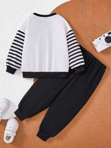 We Bare Bears X SHEIN 2pcs/Set Young Girl Cartoon Selfie Bear Print Striped Sleeve White Casual Round Neck Sweatshirt And Black Cute Casual Pants - Black and White - View 2