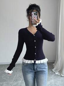 Elenzga Áo len cardigan viền bèo nhún nhiều màu - Màu xanh hải quân - Xem 5