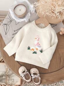 SHEIN Vintaside Kids 1pc Casual Pink Baby Girl Sweater, Duck Embroidered Hooded Long Sleeve Top, Layering Knitted Sweater - Beige - View 4