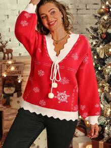 SHEIN LUNE Plus Size Women's Christmas V-Neck Drop Shoulder Snowflake Pattern Long Sleeve Loose Sweater, Autumn/Winter