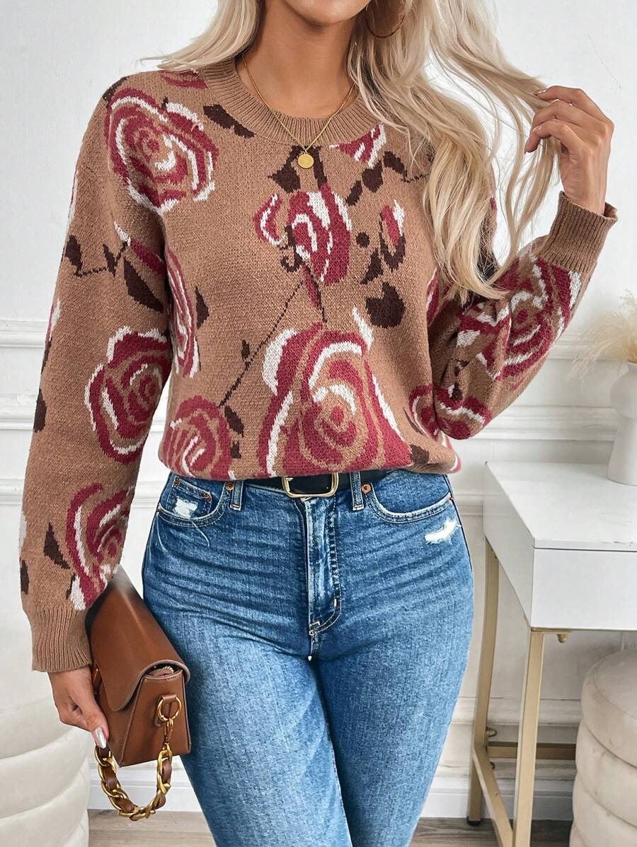 SHEIN LUNE 玫瑰印花圆领休闲提花针织长袖套头衫