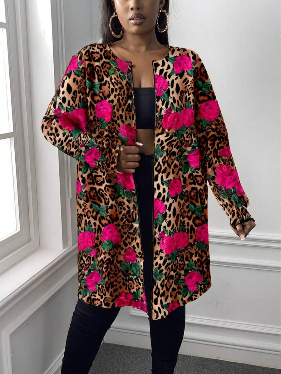 Slaydiva 大码休闲复古风满版印花夹克，秋冬 - 彩色 - 查看 1