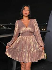 SHEIN Clasi 大码优雅亮片装饰腰部灯笼袖荷叶边下摆连衣裙，秋季 - 粉色 - 查看 4