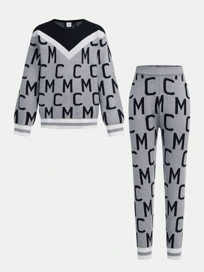 Tween Boy Letter & Striped Print Crew Neck Long Sleeve Top And Elastic Waist Pants Casual Sweater Set