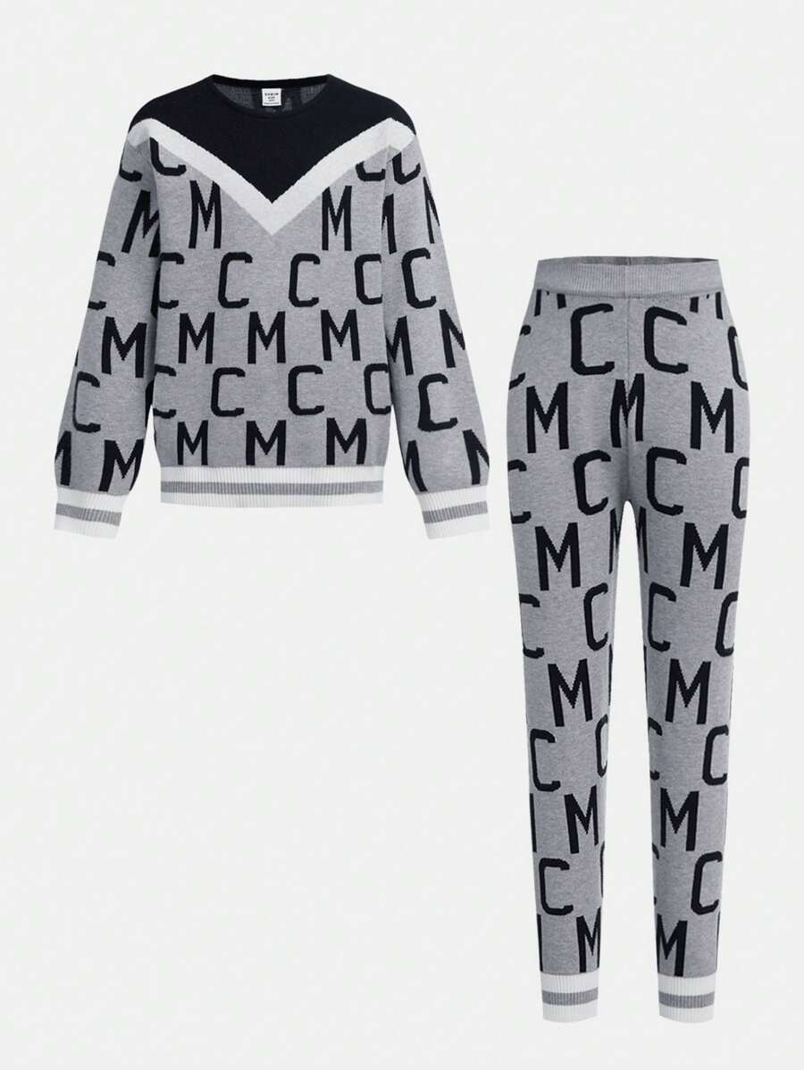Tween Boy Letter & Striped Print Crew Neck Long Sleeve Top And Elastic Waist Pants Casual Sweater Set