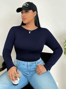 SHEIN PETITE CURVE Plus Size Solid Color Round Neck Casual Long Sleeve Bodysuit - Navy Blue - View 5