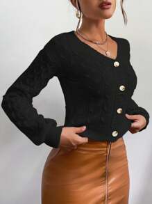 EMERY ROSE 女士纯色单排扣长袖短开衫，适合秋冬季 - 黑色 - 查看 3