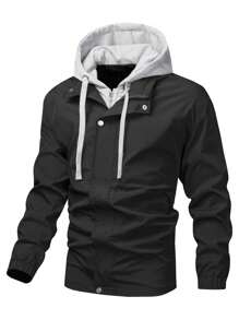 Manfinity Homme 1 st Män Enfärgad Patchwork Front Dragkedja Långärmad Huvjacka, Minimalistisk Casual - Svart - Visa 1