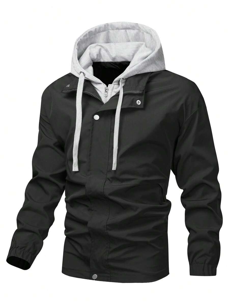 Manfinity Homme 1 st Män Enfärgad Patchwork Front Dragkedja Långärmad Huvjacka, Minimalistisk Casual - Svart - Visa 1
