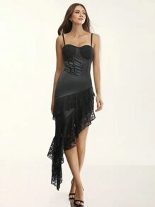 Glamine Women's Elegant Black Lace Satin Corset Dress Christmas Women Dress