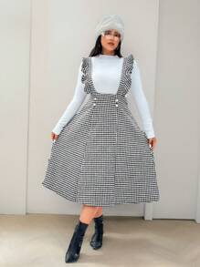 Celure Vestido de peto elegante de talla grande para mujer con estampado de pata de gallo y contraste de color