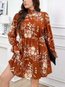 SHEIN Clasi Plus Size Elegant Floral Print Cinched Waist Dress, Autumn - Rust Brown - View 6