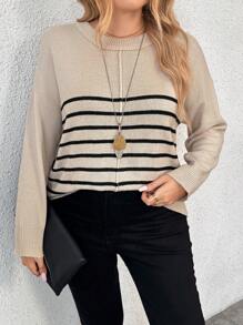SHEIN LUNE Plus Size Women Stripe Round Neck Drop Shoulder Long Sleeve Casual Knit Pullover Sweater, Autumn/Winter Knit Pullover Fall Outfit