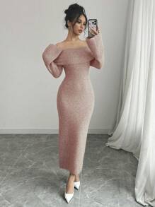 Elenzga 1 件女士纯色露肩喇叭袖长款优雅毛衣连衣裙，秋冬 - 粉色 - 查看 1