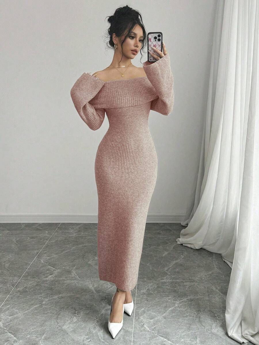 Elenzga 1 件女士纯色露肩喇叭袖长款优雅毛衣连衣裙，秋冬 - 粉色 - 查看 1