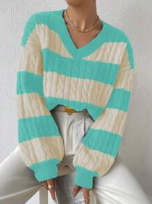 Chiquease Women Casual Two-Tone Striped V-Neck Loose Fit Cable Knit Pullover Sweater Knit Pullover Fall Winter Outfit