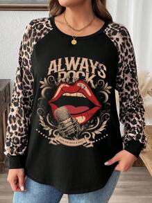 SHEIN LUNE Plus Size Women Raglan Sleeve Round Neck Loose T-Shirt, Suitable For Autumn And Winter - Black - View 3