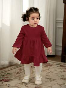 Cozy Pixies Baby Girls' Round Neck Solid Color Puff Sleeve Waisted Ruffle Hem Dress