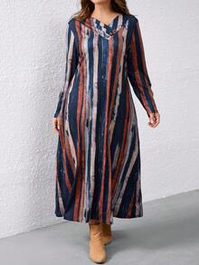 Plus Size V-Neck Button Front Color Block Fitted Casual Dress For Women