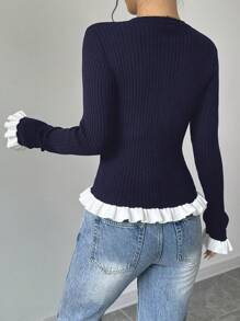 Elenzga Áo len cardigan viền bèo nhún nhiều màu - Màu xanh hải quân - Xem 2