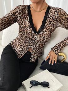 SHEIN Frenchy Women Casual Web-Eye Front Button Lace Patchwork Leopard Print V-Neck Long-Sleeved T-Shirt, Fall Leopard Top Winter Women Clothes Cheetah - Multicolor - View 3