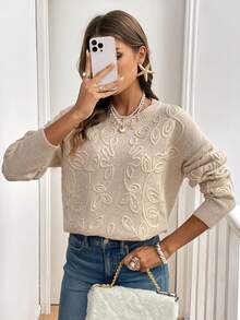 SHEIN Frenchy Áo len nữ mùa đông màu trơn, cổ tròn, tay dài, đan móc thủ công, thích hợp cho Lễ Tạ ơn và Ngày Valentine. - Màu be - Xem 5