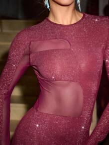 HEAVINZ LANE Designer Women's Burgundy Shiny Glitter Sheer Mesh Blocked Long Party Elegant Party Dress Outfit For Holiday, Birthday Outfits, Spring, Festival, Wedding, Prom Dress