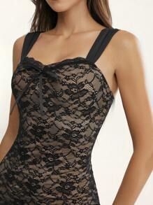 Glamine Glamour Damen elegantes figurbetontes Spitzen-Kontrast Schlitz-Trägerkleid