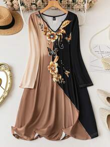 SHEIN Clasi 秋季大码优雅花卉印花拼色休闲连衣裙 - 黑與白 - 查看 1