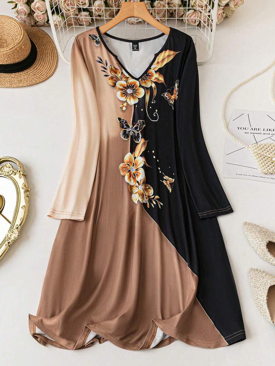 SHEIN Clasi 秋季大码优雅花卉印花拼色休闲连衣裙 - 黑與白 - 查看 1