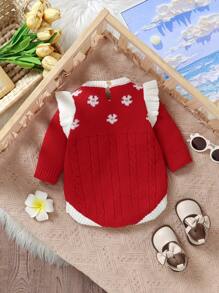 SHEIN 1件粉色提花女婴连体毛衣，荷叶边长袖，3D蝴蝶结三角裤底