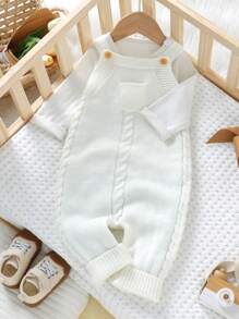 Baby Boy Light Green Fashionable Casual Minimalist Knitted Jumpsuit With Bib Overalls - White - View 1