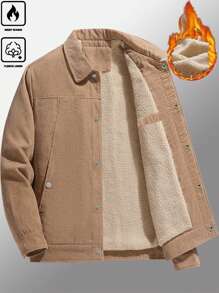 Manfinity Homme Men's Thermal Lined Corduroy Jacket, Khaki Zip-Up Cardigan Outwear, Warm Winter - Khaki - View 1