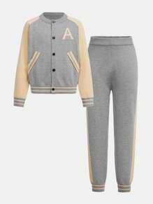 两件套男童字母撞色休闲开衫长裤套装，秋冬季