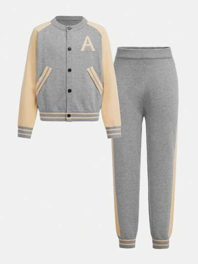 2pcs/Set Tween Boys Letter Color Block Casual Cardigan & Trousers Outfit, Autumn/Winter