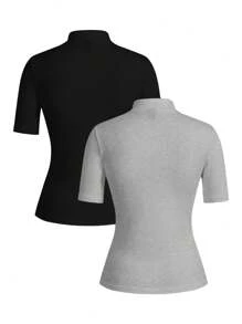 SHEIN EZwear 2 件套女士半高领紧身长袖打底衫套装，适合夏季 - 彩色 - 查看 2