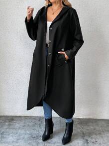 SHEIN LUNE 大码女式休闲单排扣连帽长款夹克，带斜口袋 - 黑色 - 查看 4