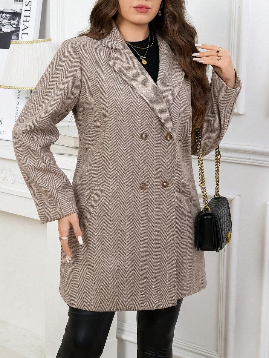 SHEIN Clasi Plus Size Women Herringbone Pattern Shawl Collar Double