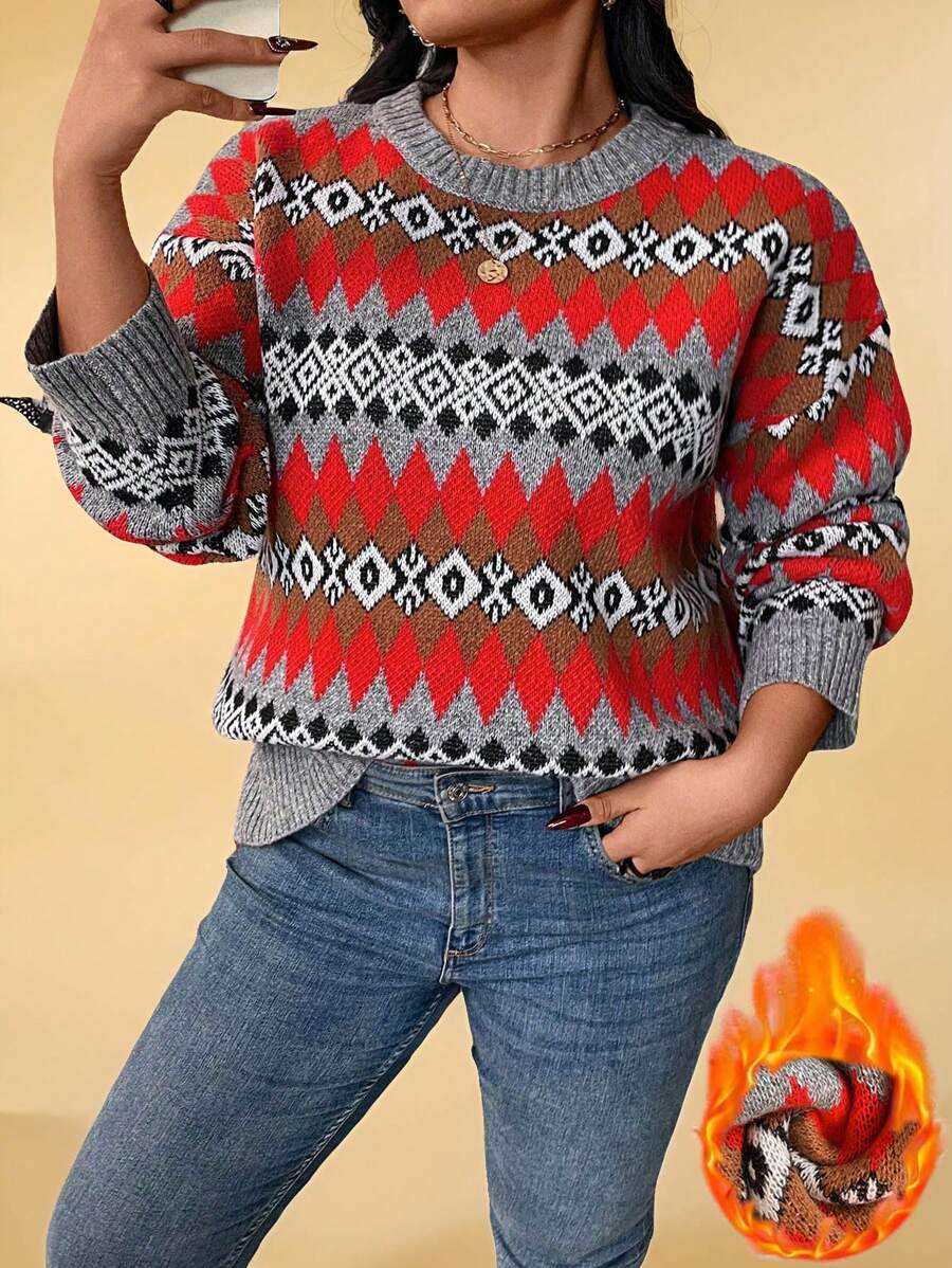 Calvaya Plus Size Women's Retro Style Crew Neck Long Sleeve Sweater Knit Pullover Fall Winter - Multicolor - View 1