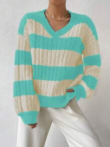 Chiquease Women Casual Two-Tone Striped V-Neck Loose Fit Cable Knit Pullover Sweater Knit Pullover Fall Winter Outfit