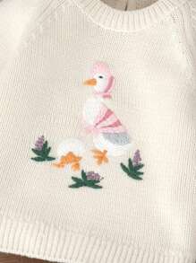 SHEIN Vintaside Kids 1pc Casual Pink Baby Girl Sweater, Duck Embroidered Hooded Long Sleeve Top, Layering Knitted Sweater - Beige - View 3