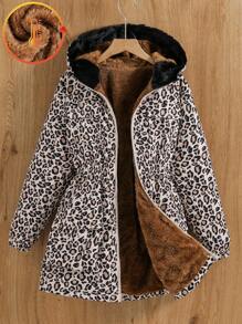 SHEIN Tween Girl Leopard Print Hooded Multi-Pocket Thermal Lined Winter Jacket