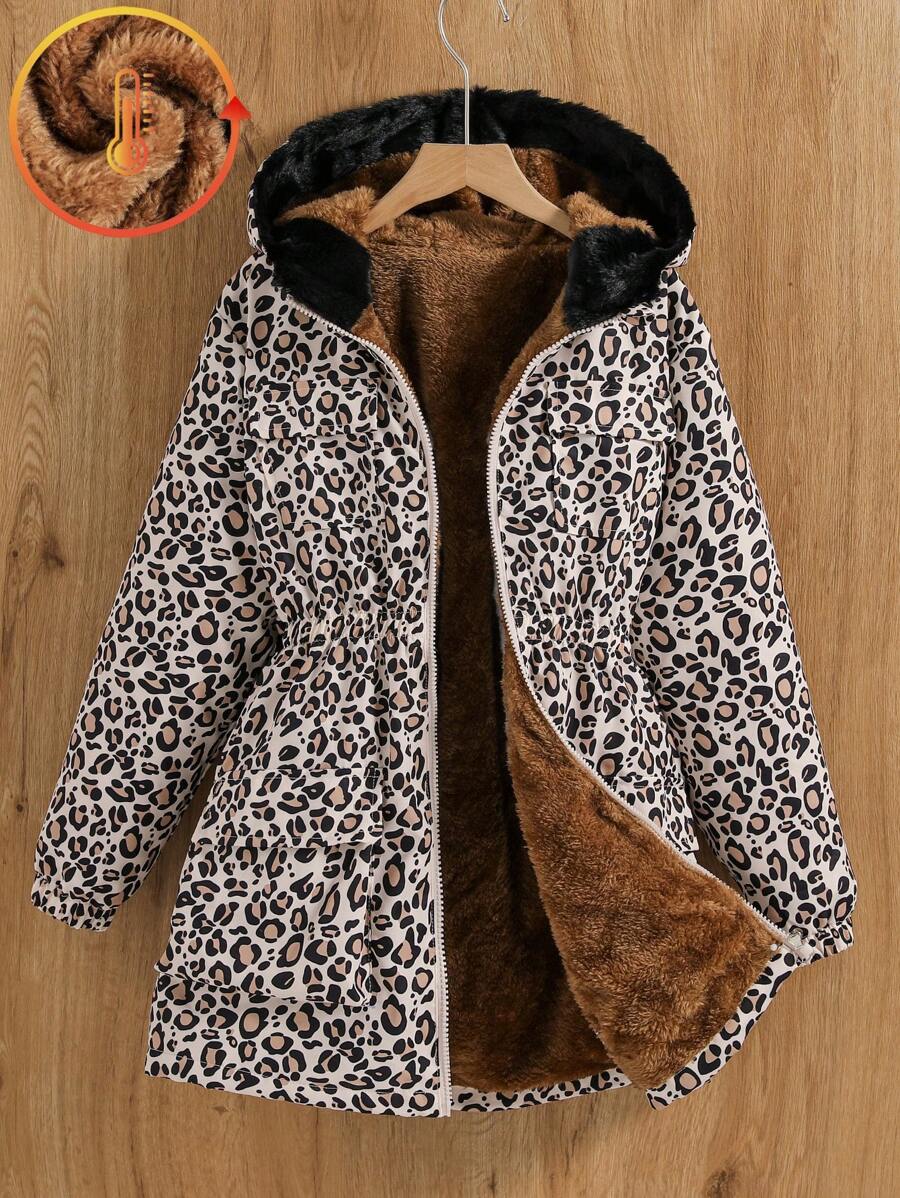 SHEIN Tween Girl Leopard Print Hooded Multi-Pocket Thermal Lined Winter Jacket