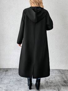 SHEIN LUNE 大码女式休闲单排扣连帽长款夹克，带斜口袋 - 黑色 - 查看 2