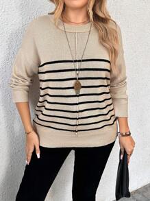 SHEIN LUNE Plus Size Women Stripe Round Neck Drop Shoulder Long Sleeve Casual Knit Pullover Sweater, Autumn/Winter Knit Pullover Fall Outfit