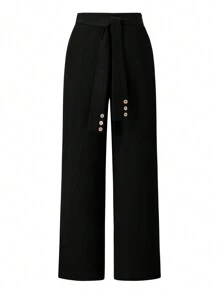 SHEIN Clasi Plus Size Women's Knotted Waist Straight Leg Loose Casual Suit Pants For Commuting - Black - View 3