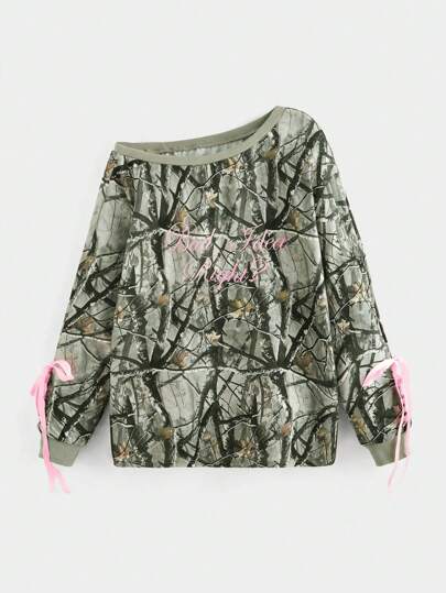 J-Fashion Y2K Camouflage Print Letter Embroidery Bowknot Asymmetric Collar Sweatshirt