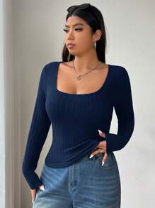 SHEIN EZwear Plus Size Women's Casual School Back To School First Day Breakfast Everyday Leisure Indoor Yoga Outdoor Comfort Black Knitted Elastic Fuzzy Fabric Solid Color Square Neck Fitted Long Sleeve Knit T-Shirt